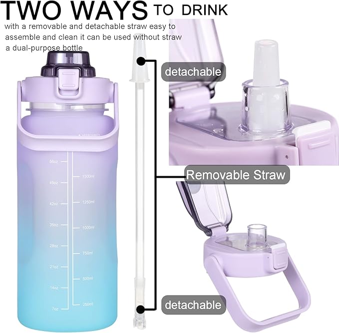 RYI Large Half Gallon 64 OZ Motivational Water Bottle with Straw Time Marker BPA Free for Sport and Fitness Purple Green