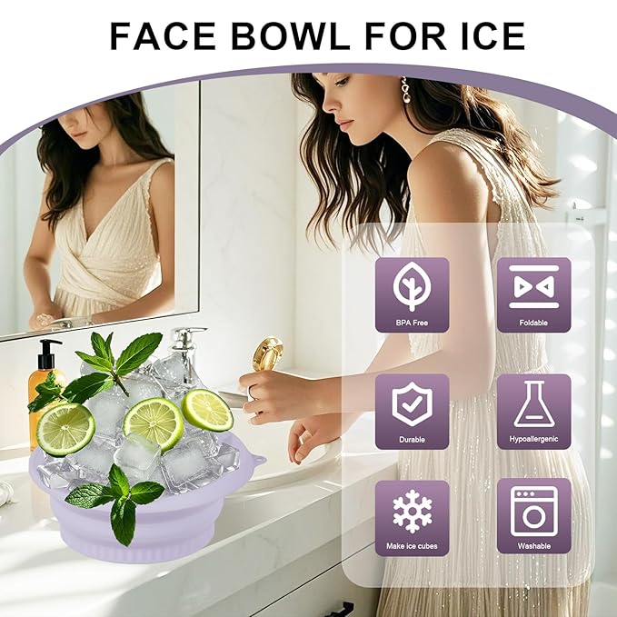 Face Bowl for Ice with Built-In Ice Tray, Face Ice Bath Bowl (Silicone), Foldable and Hanging Design, for Easy Storage and Carrying, for Cold Plunge Therapy Portable Spa Tool Home & Travel