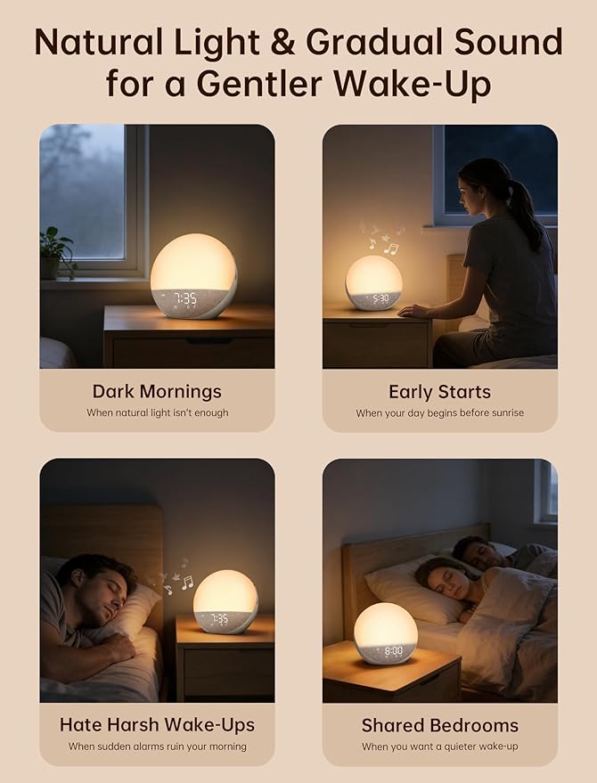 Sunrise Alarm Clock with Sound Machine: Gentle Wake Up Light & 7 Alarm Sounds for Bedroom - 3 Wake-Up Modes & 32 Volume Levels for Stress-Free Morning Putty