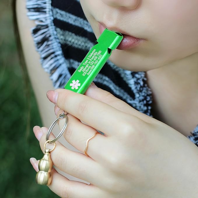 No BP/IV Alert Keychain with Green Emergency Whistle – Brass Gourd Pill Storage Case Keychain for Medical Use, Waterproof Design for Hospitals, Travel, and Outdoor Safety