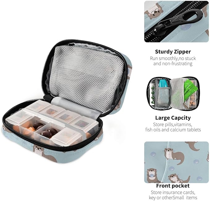 Pill Box Sea Otters 7 Day Pill Case Travel Pill Organizer Bag with Zipper Portable Weekly Vitamin Medicine Supplement Holder Pouch Bag