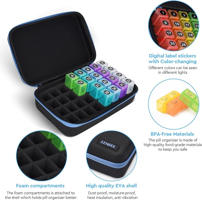 Monthly Pill Organizer 2 Times a Day, 30 Day Pill Organizer Box AM PM with Weekly Pill Bag,32 Daily Large Compartments,1 Month Pill Holder to Hold Vitamins, Medication and Supplements