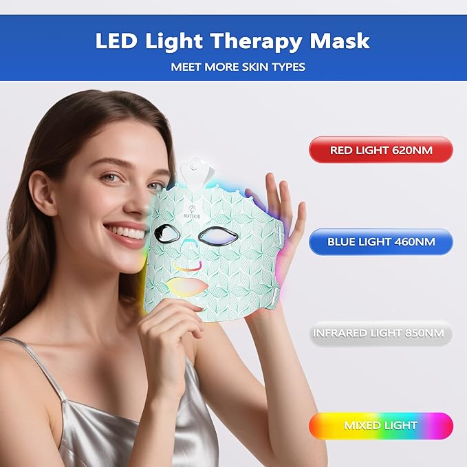 Red Light Therapy for Face, 7 Colors LED Mask Light Therapy, Infrared Face Mask Light Therapy for Reduce Wrinkles, Skincare at Home and Travel, Green