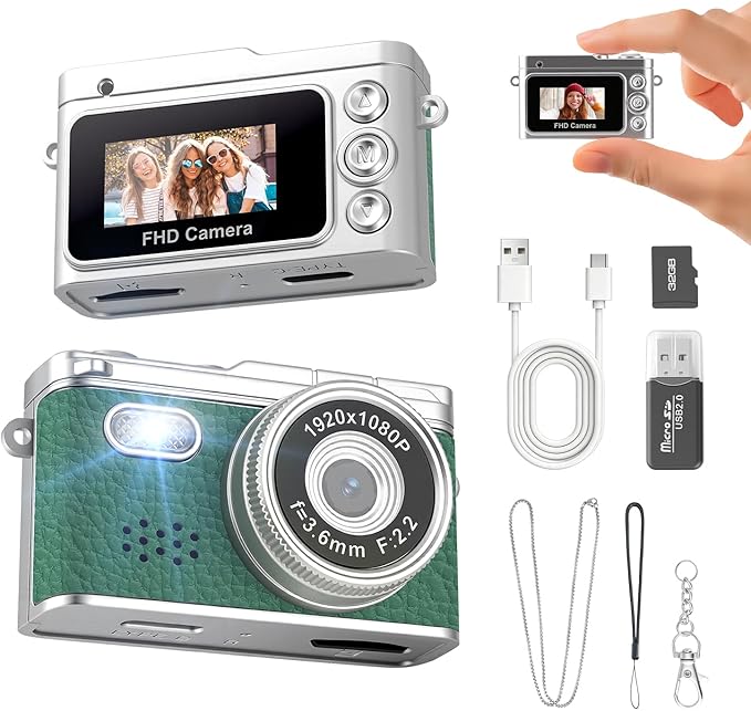 Green Mini Keychain Camera, 1080P Tiny Retro Wearable Digital Camera with 0.96" Screen, Portable 20g Micro Video Recorder for Travel, Small Vintage Pocket Camcorder with Flash, 32G SD Card, Type-C