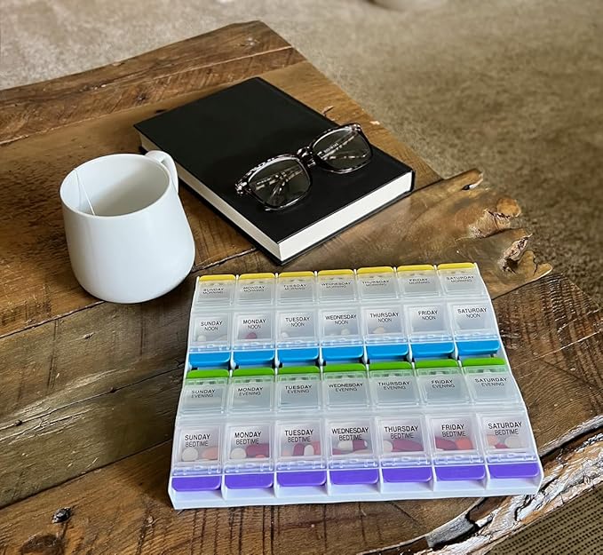 EZY DOSE Weekly (7-Day) Pill Organizer, Vitamin Container, and Daily Medicine Planner, 2X-Large Push Button Compartments, Arthritis Friendly, Easy to Use, 4 Times a Day, Clear Lids, BPA Free