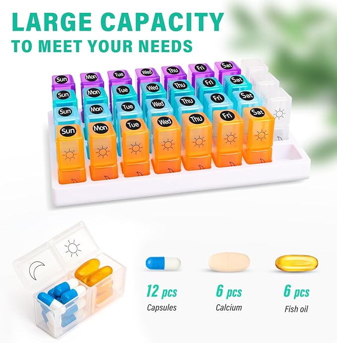 Monthly Pill Organizer 2 Times a Day, 2-in-1 for Home & Travel, 31 Day Pill Box AM PM with Cutter & Travel Bag, Portable Soft One Month Pill Box with Weekly Stickers for Medication & Vitamins
