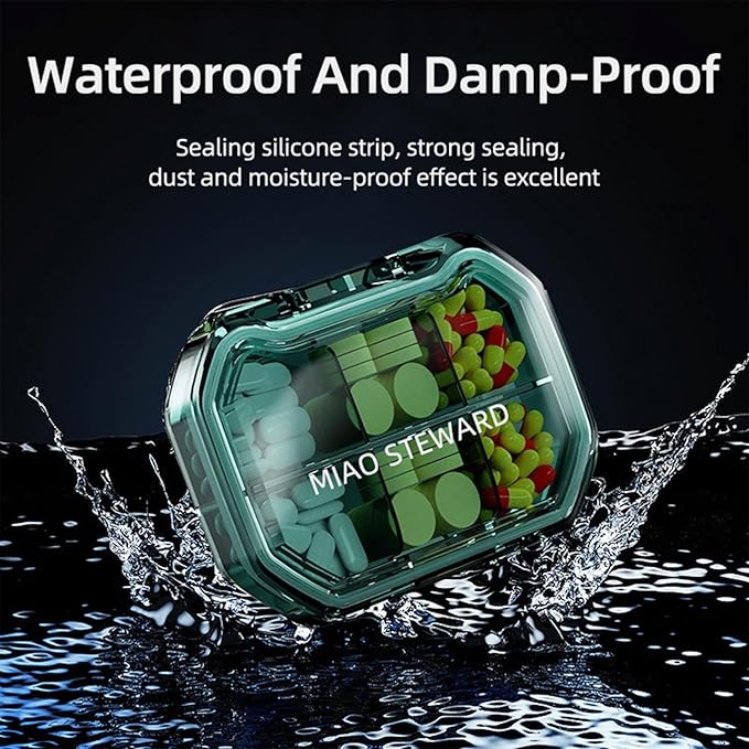 Portable Pill Organizer Waterproof Airtight BPA-Free Compact Easy-to-Carry Travel Daily Use On-The-Go Vitamins Supplements Medication Herb Pill Box Green Size 3.62×2.44×0.98 in