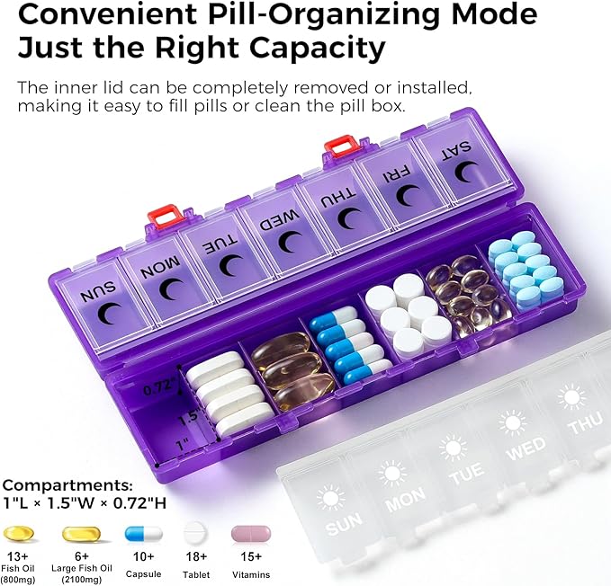 Foldable Pill Organizer Weekly 2 Times a Day, 7 Day Portable AM PM Travel Pill Case with Black&White Labels, Dual-Protection Daily Medicine Box, Large Pill Holder for Vitamin/Supplement-Clear Purple
