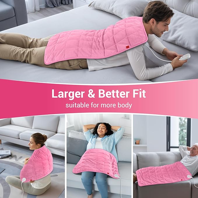 Comfytemp Far Infrared Large Heating Pad 17"×33" for Deeper Back & Period Relaxation, Weighted Electric Heat Pad with Evenly Filling Ceramic Bead for Better Fit, Mothers Day Gifts, XL Heated Pad, Pink