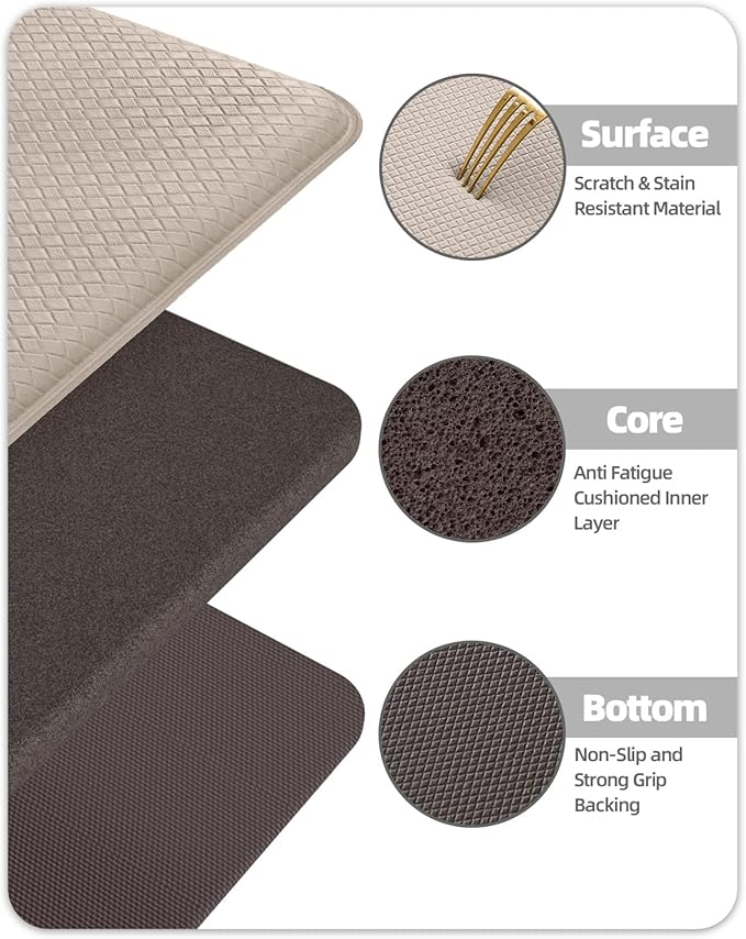 Color&Geometry Anti Fatigue Cushion Padded Kitchen Mat for Floor - 17x29+17x59,Easy Clean, Water & Oil Proof, Anti Slip, Foam Rubber Runner Rug for Front Sink Comfort Standing,Dark Beige Set of 2