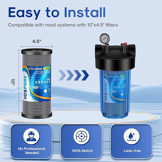 ICEPURE 10"X4.5",1 Microns Whole House Sediment Activated Carbon Water Filter Compatible with Dupont WFHDC8001, EP Series,EPM Series, CB-BB-10, GE FXHTC, GXWH40L, GXWH35F, GNWH38S, CTO10BB,2PACK