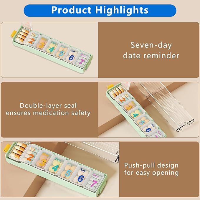 Daily Pills Organizer, Pill Box 7 Day, Weekly Pill Organizer Once A Day Vitamin Organizer, para Guardar Vitaminas, Fish Oils, Medicamentos, Suplementos, Etc (Greener)