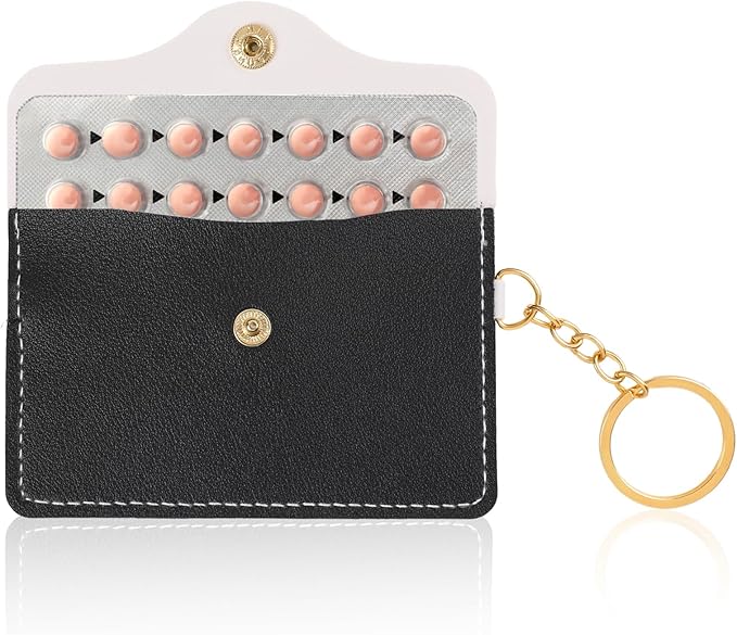 Mozeat Lens 1 Pack Birth Control Pill Case Sleeve Packet PU Leather Wallet Pill Holder Birth Control Case with Snap Closure and Keyring Contraceptive Medicine Holder for Travel Bag Backpack