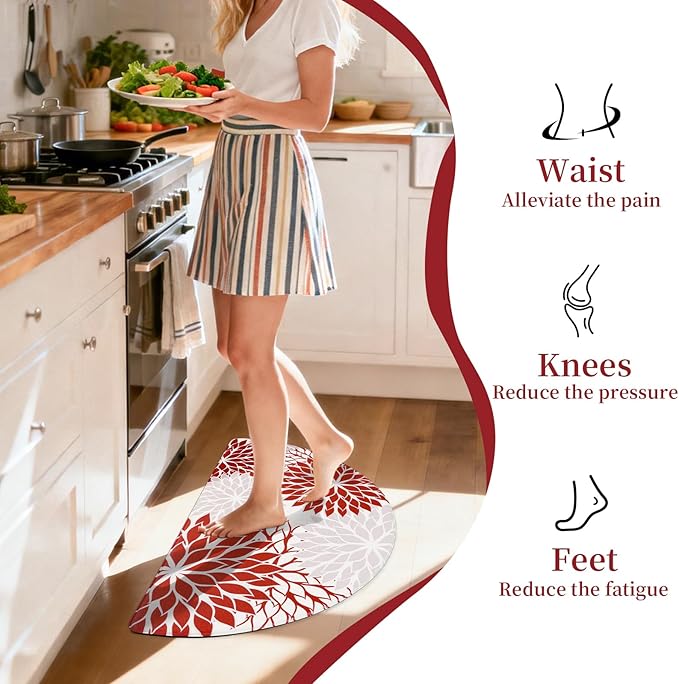 PVC Anti-Fatigue Semi Circle Kitchen Mats, Non-Slip Kitchen Rugs, Comfort Standing Runner Rug, Multipurpose Indoor Mats for Laundry, Office, Bedroom, Sink, Bathroom,red,size18 x30