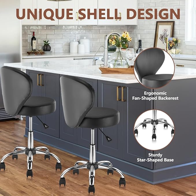 Leather Rolling Salon Stool with Back Support and Wheels Adjustable Height Swivel Spa Stools for Office Massage Facial Medical Drafting Tattoo Beauty Barber Lab Doctor Tattoo, Black, 2 Pack