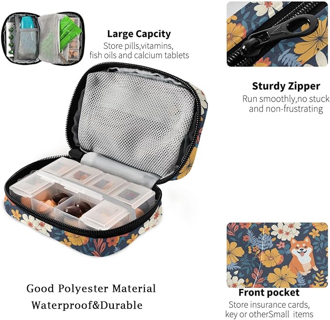 Fustylead Cute Cartoon Shiba Inu and Beautiful Flowers Pill Organizer Travel Portable Zipper Cloth Bag for Holding Weekly Supplements Vitamins and Fish Oils