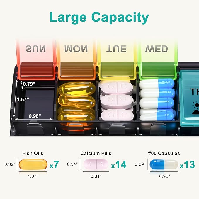 Fullicon Weekly Pill Organizer 4 Times a Day, Large Capacity Pill Case with Easy Fill, Medicine Organizer for Vitamin, Supplement & Pill, Great Gifts for Seniors (Black Rainbow) - Patent Pending