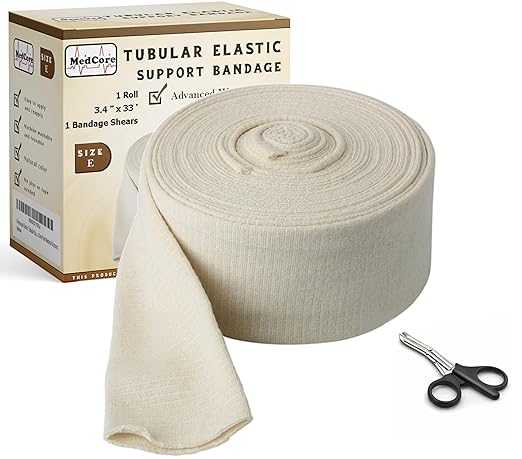 Tubular Compression Bandage Size E (3.4” x 33 ft) – Elastic Stockinette Support Sleeve for Legs, Knee, Small Thigh, Elbow, and Quads – Cut-to-Fit, Washable Reusable – Plus Medical Scissors