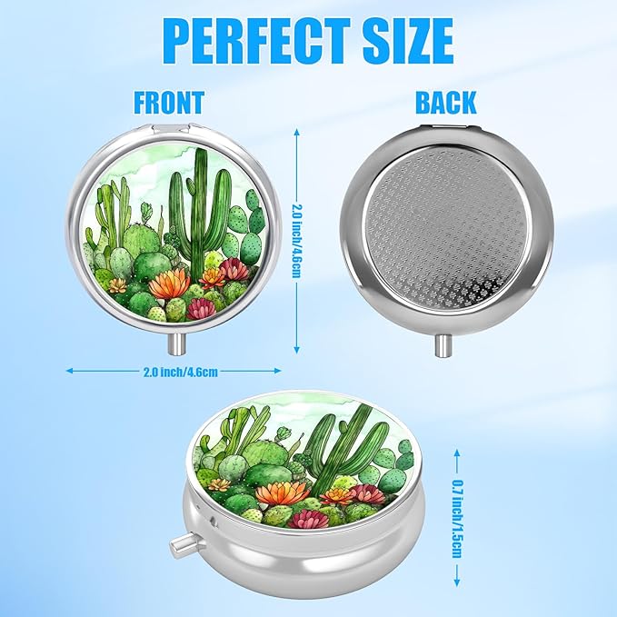 Cactus Pill Case, Pill Box 3 Compartments Metal Small Pill Holder with Mirror Mini Travel Pill Container for Purse Pocket Women Men
