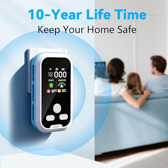 6-in-1 Carbon Monoxide Detector 2 Pack Combo with LCD Display, Detects CO, Natural Gas, Smoke, Temperature, Humidity for Home, Hotel, RV, Apartment Safety, Monoxide Alarm HD Screen