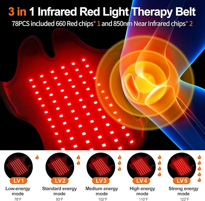 Multi-Functional Red Light Therapy Belt for Neck, Knee, Feet, Hands, etc. 660nm & 850nm Near-Infrared Light Therapy Wrap Devices with Heat for Body, Massager Mat for Pain Relief at Home