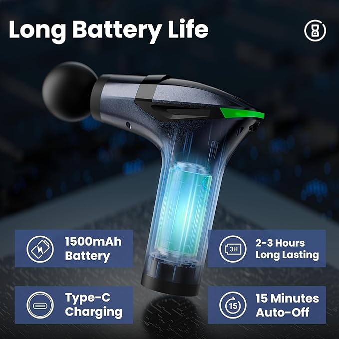 Detachable 3-in-1 Massage Gun with Extension Handle & Massage Strap, Back Pain Relief Percussion Muscle Massager for Neck Shoulder, 12 Speeds &12mm Amplitude for Hard-to-Reach Areas, Quiet & Portable