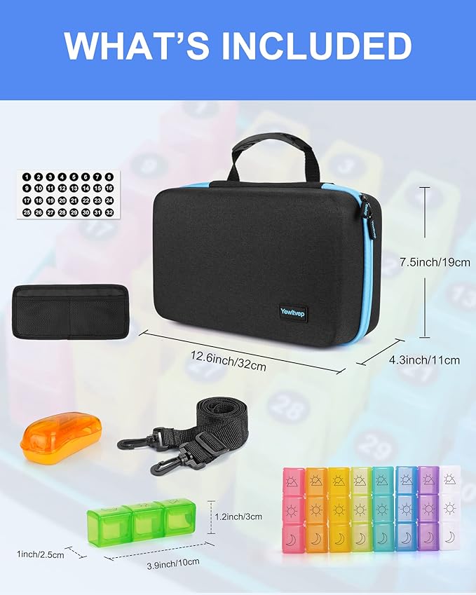 Monthly Pill Organizer 3 Times a Day with Pill Cutter, 30 Days Pill Organizer Monthly, Month Medicine Box Holder Organizer with 31 Daily Compartments, Hard Shell Travel Case & Removed Shoulder Straps
