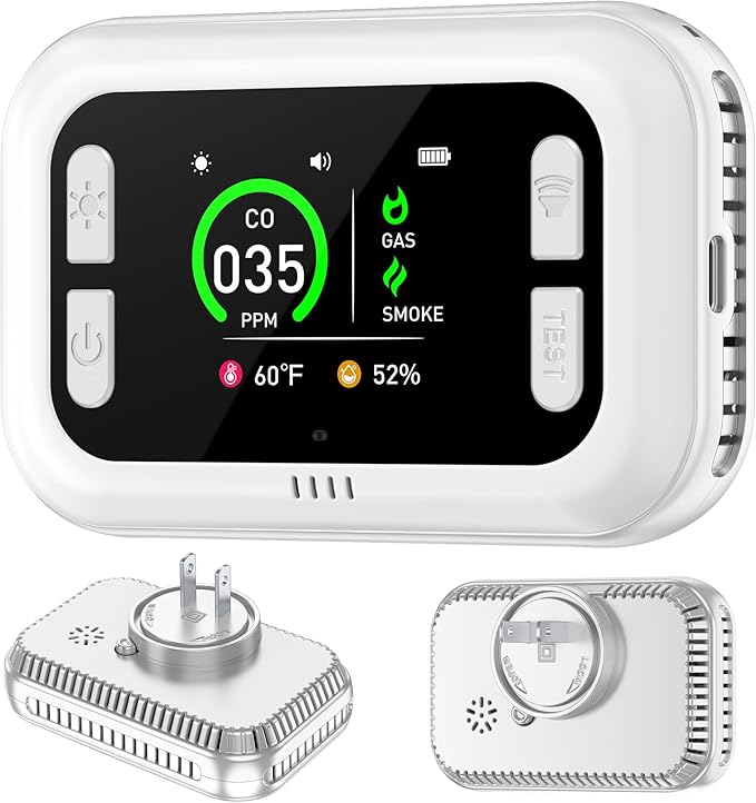Plug in 6in1 Smoke & Carbon Monoxide Detector & Combustible Natural Gas Combination Builti-in Backup 1000mAh Battery & HD Screen [Temp Humidity Sensors] for Home Kitchen Hotel (1Pack, White)
