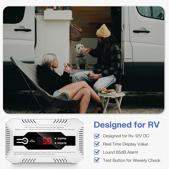 RV Carbon Monoxide & Propane Gas Detector, Dual LP/CO Gas Alarm with Separate LCD Indicator Lights, 85dB Loud Alarm, Carbon Monoxide Propane Gas Leak Detector for RV and Home Use-12V DC