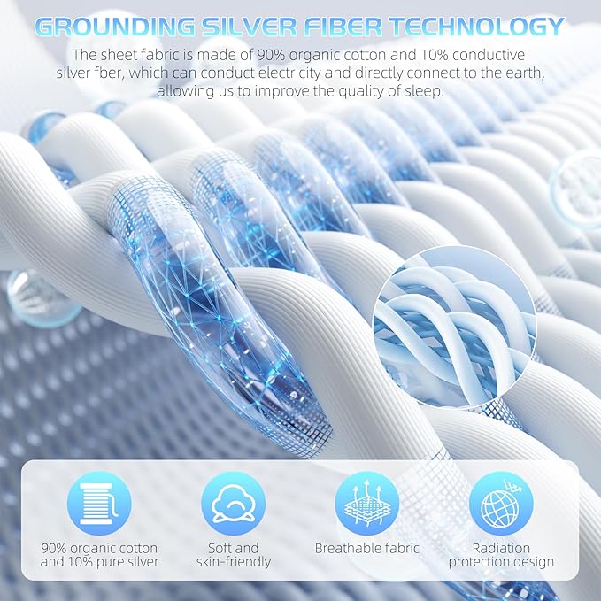 Grounding Sheet, 90% Organic Cotton+10% Pure Silver Organic Fitted Grounded Sheet for Improved Sleep, Earth Connecting Bedding - Healthy Sleep Therapy (White, (78.1 * 80.1 * 15 in))