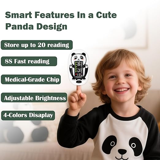 Panda Pediatric Pulse Oximeter for Kids (2+), Children Oxygen Monitor Fingertip with 20 × Memory, Blood Oxygen Saturation Monitor with Alarm, Batteries and Lanyard