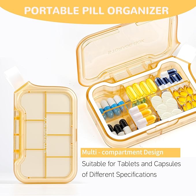 New Weekly Pill Organizer, Moisture-Proof Storage Case, Daily Travel Pill Storage Container, Travel Pill Box – Suitable for Vitamins, Dietary Supplements & Fish Oil (Yellow)