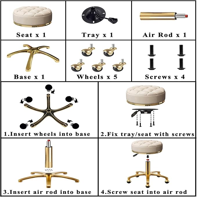 Rolling Stool Gold Vanity Stool with Wheels, Pedicure Massage Roller Stools, PU Leather Round Swivel Salon Spa Chair, Titanium Gold Base, Height Adjustable 43-55 cm (Off White)