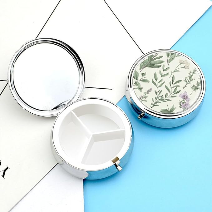 Green Flower Herb Sage Leaves and Branches Pill Box Travel Pill Case for Purse Pocket Weekly Medicine Organizer with Mirror 3 Compartment Round Medicine Case Portable PillcaseHolder for Daily