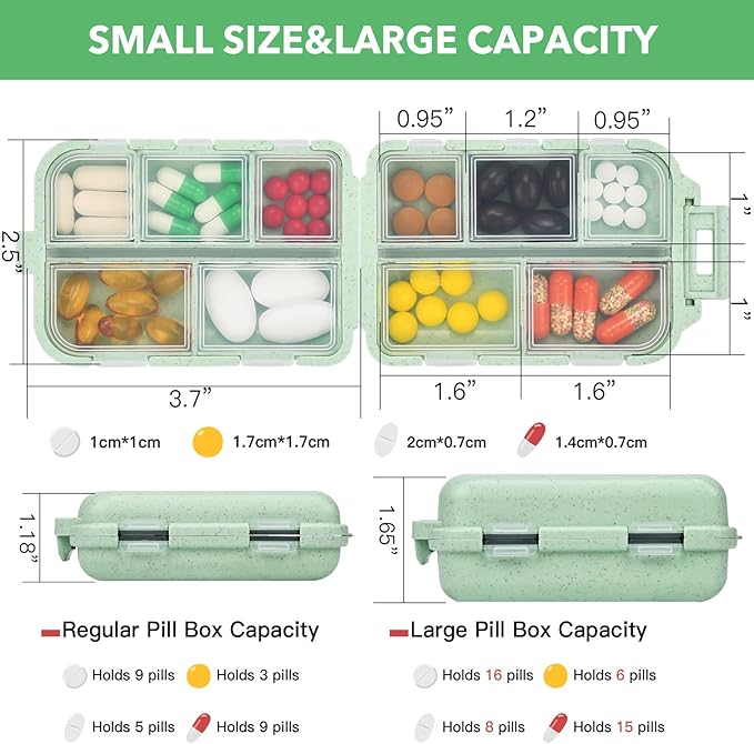 Large Travel Pill Organizer with Medicine Labels, 10 Compartments Travel Medicine Organizer Daily Pill Container Travel Pill Box Purse Pill Case (Green, 189 Lables)