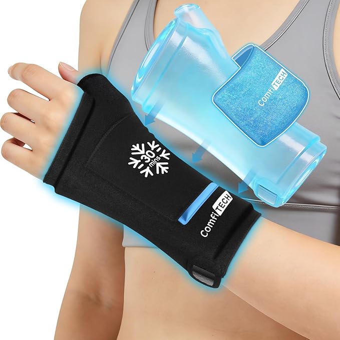 ComfiTECH Dual-Gel Wrist & Thumb Ice Pack Wrap with Extended 30-Min Cooling & Wider Coverage for Forearm, Detachable Cold Pack & Carpal Tunnel Hand Ice Sleeve for Better Putting On & Off, M