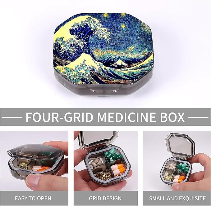 This Portable Starry Wave Pattern 4-Compartment Pillbox Can Be Placed in A Pocket Or Wallet to Store Vitamins, Medicines Fish Oil Health Supplements Other Medications.
