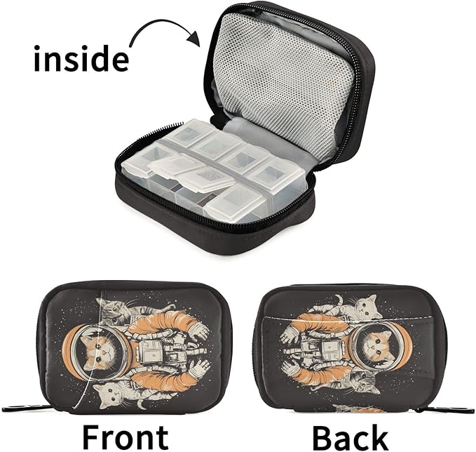Fustylead Cute Cat Animal Astronaut Pill Organizers 2 Times A Day Pill Case Bag with Zipper Portable Weekly Pill Dispensers for Vitamin Supplement