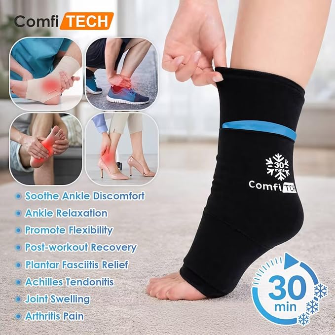 ComfiTECH Dual-Gel Ankle Ice Pack Wrap with Extended 30-Minute Cooling, Detachable Ice Pack & Flexible Reusable Gel Ice Sleeve Brace for Plantar Fasciitis, Achilles Tendonitis, M, 2 Packs