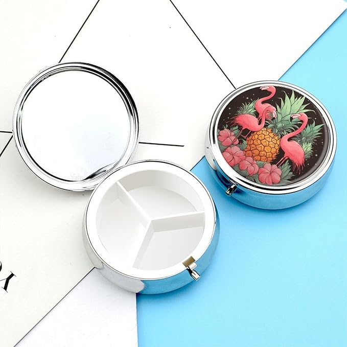 Pineapple Flamingos Pill Box Travel Pill Case for Purse Pocket Weekly Medicine Organizer with Mirror 3 Compartment Round Medicine Case Portable PillcaseHolder for Daily
