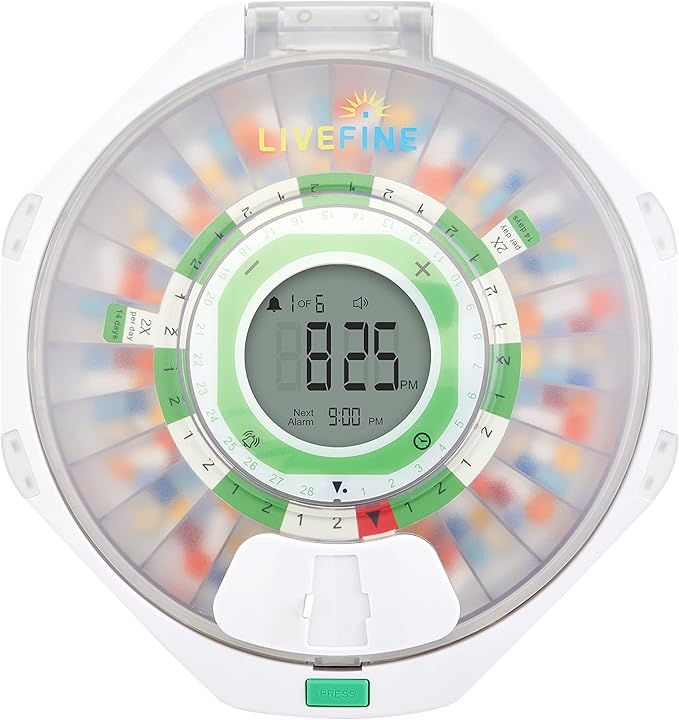Live Fine 28-Day Automatic Pill Dispenser Frosted Lid with Upgraded LCD Display and Key Lock, Sound & Light for Prescriptions, Medication, Vitamins, Supplements & More