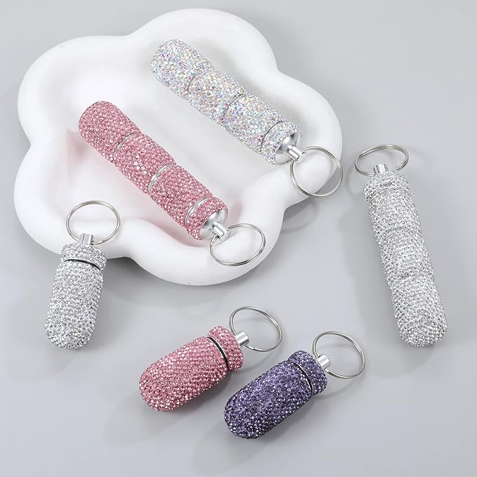 Bling Pill Case Portable Travel Pill Container Bottle Rhinestone Waterproof Small Pill Holder with Keychain Cute Mini Pill Storage Box for Outdoor Camping (AB)