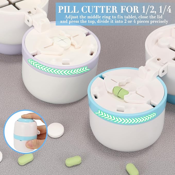 Pill Cutter Splitter for Small or Large Pills, Profesional Pill Cutter 1/4 & 1/2 Divider, Includes Storage Compartment, Accurate and Easy Cutting for Tablets, Vitamins (Blue)