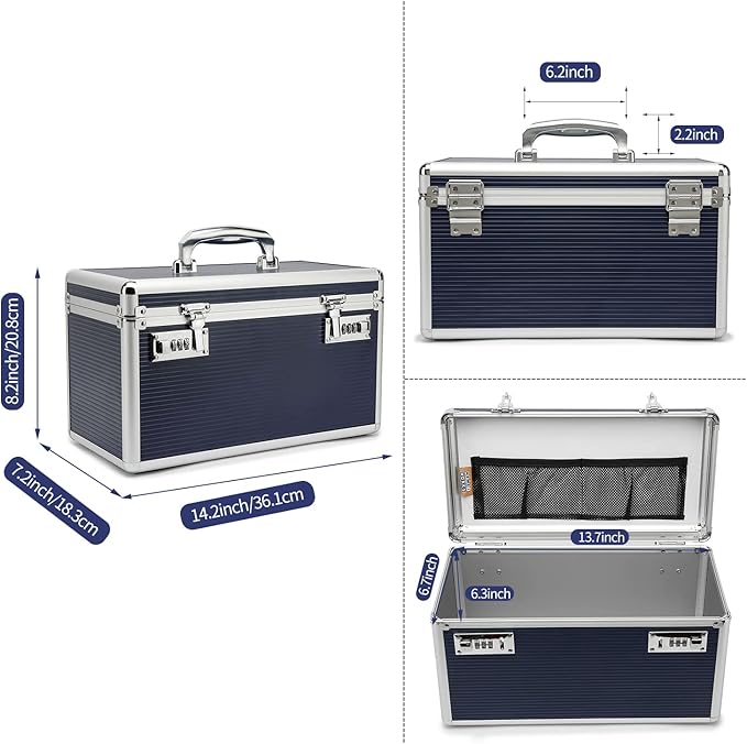 Lockable Medication Box with Portable Storage Case, 14.2 x 7.2 x 8.2 Inch, Childproof Medicine Lock Organizer, Locking Box for Money, Documents & Meds (Blue/Large)