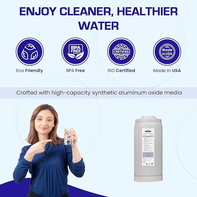Crystal Quest Aluminum Oxide Fluoride Reduction Filter Cartridge, 4-5/8” x 9-3/4, Advanced Media, 3 GPM Flow Rate, Reduces Fluoride Up to 9,000 ppm, Long-Lasting, Easy Installation & Maintenance