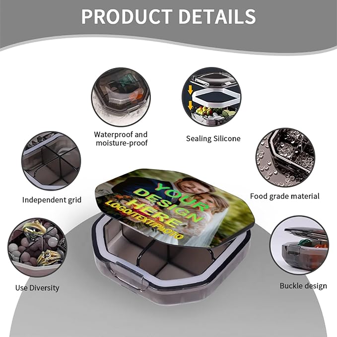 Customizable Portable 4-Compartment Pillbox, Printed with Your Photo, Text, and Logo. It can be Placed in Your Pocket or Wallet to Store Vitamins, Medicines/Health Supplements/Other medications.