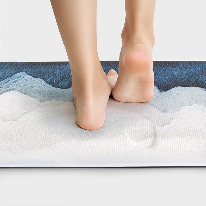 QIYI Floor Comfort Mat 1 Piece Kitchen Rug Leather Waterproof Oil Proof Runner Non Skid Laundry Long Standing Mat Anti Fatigue Foam Cushioned Doormat 17" W x 47" L - Blue and White Watercolor Mountain