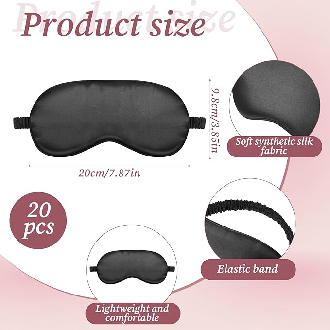 20 Pieces Silk Sleep Mask with Adjustable Strap, Black Eye Covers for Sleeping with 2PCS Storage Bags Soft Satin Eye Mask Blindfold Comfortable Sleeping Masks for Travel, Women Men