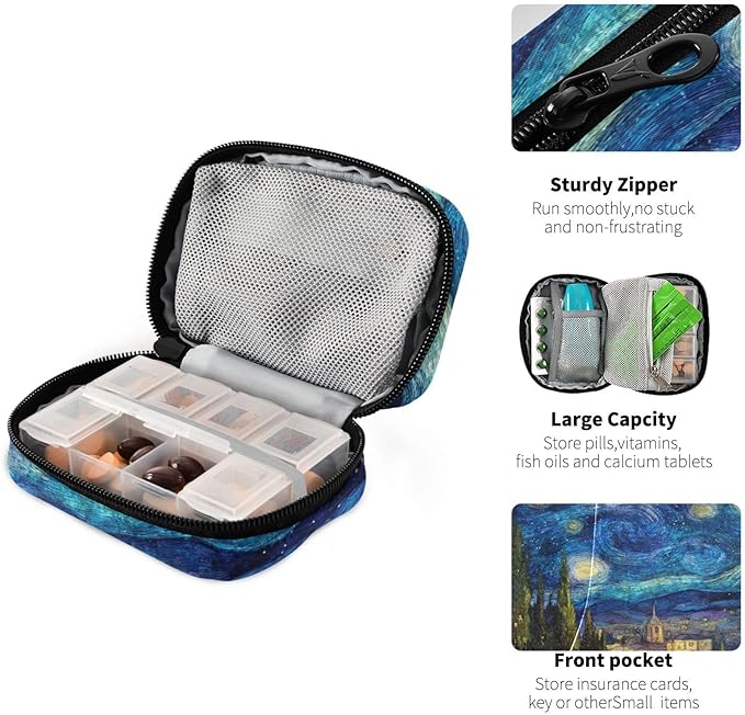 Starry Night Pill Organizer Case Oil Painting 7 Day Travel Pill Box with Zipper Portable Weekly Vitamin Medicine Supplement Holder Pouch Bag