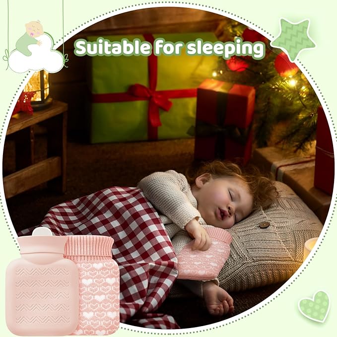 Amylove 3 Pcs Mini Hot Water Bottle for Hot & Cold Compress with Cover 320ml Silicone Microwave Heating Bottles Small Water Bag for Travel Holiday Gift(Pink, Blue, Green,Heart Print)